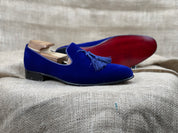 Handmade Mens Royal Blue Tassels Loafer Velvet Shoes, Men Blue Velvet Shoes