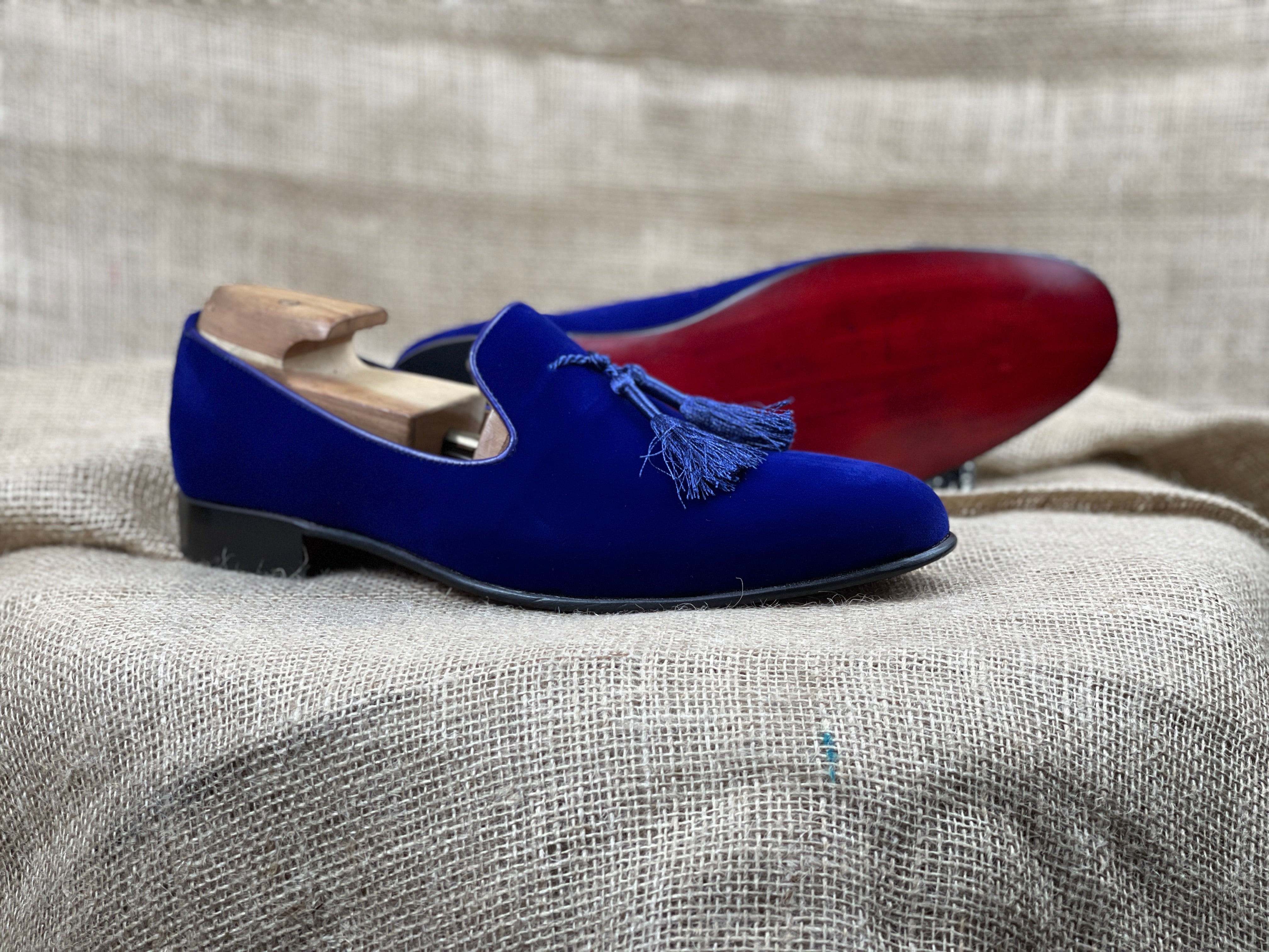 Handmade Mens Royal Blue Tassels Loafer Velvet Shoes, Men Blue Velvet Shoes