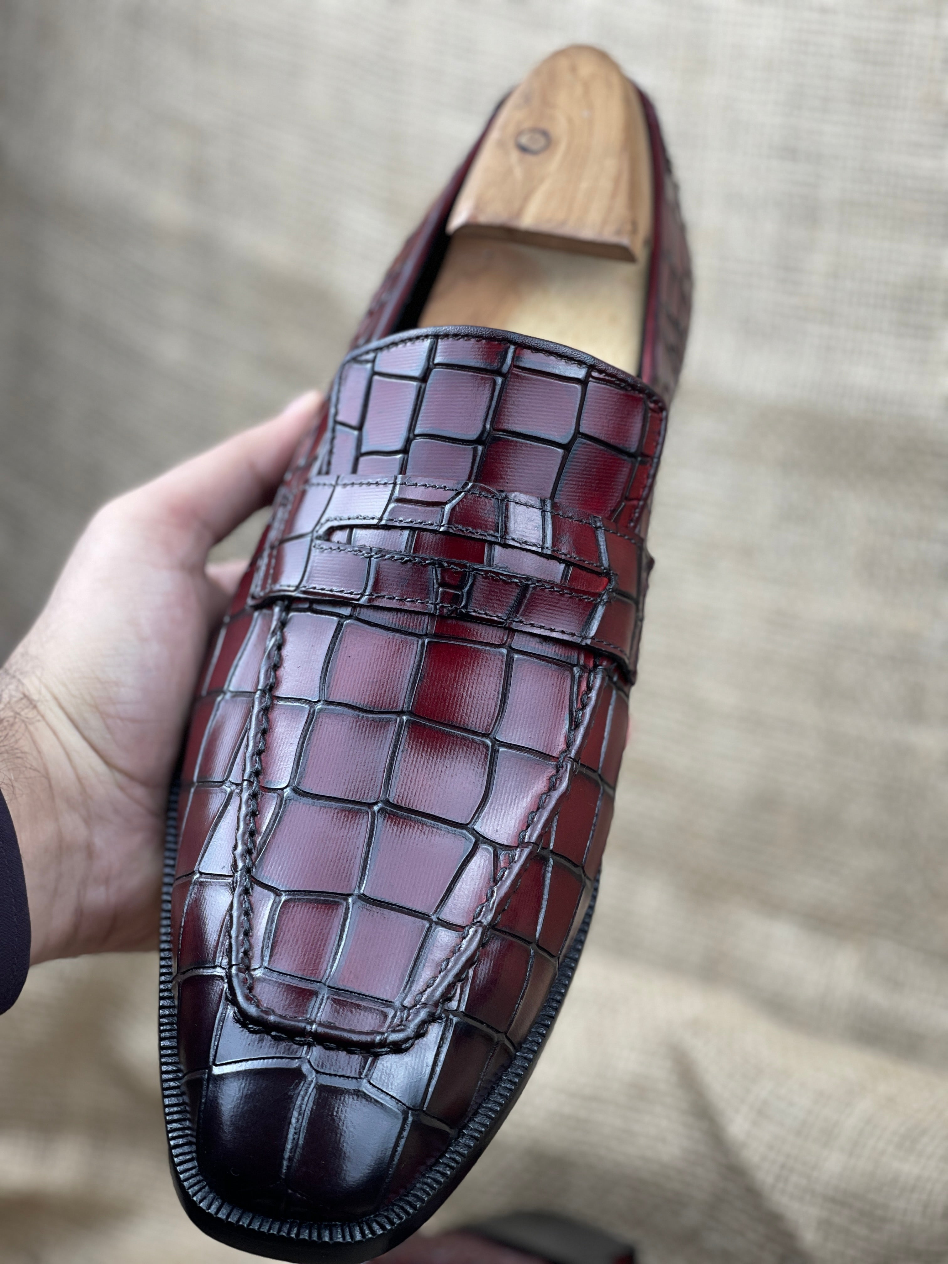 Handmade Mens Alligators Shoes, Crocodile Embossed Leather Moccasins