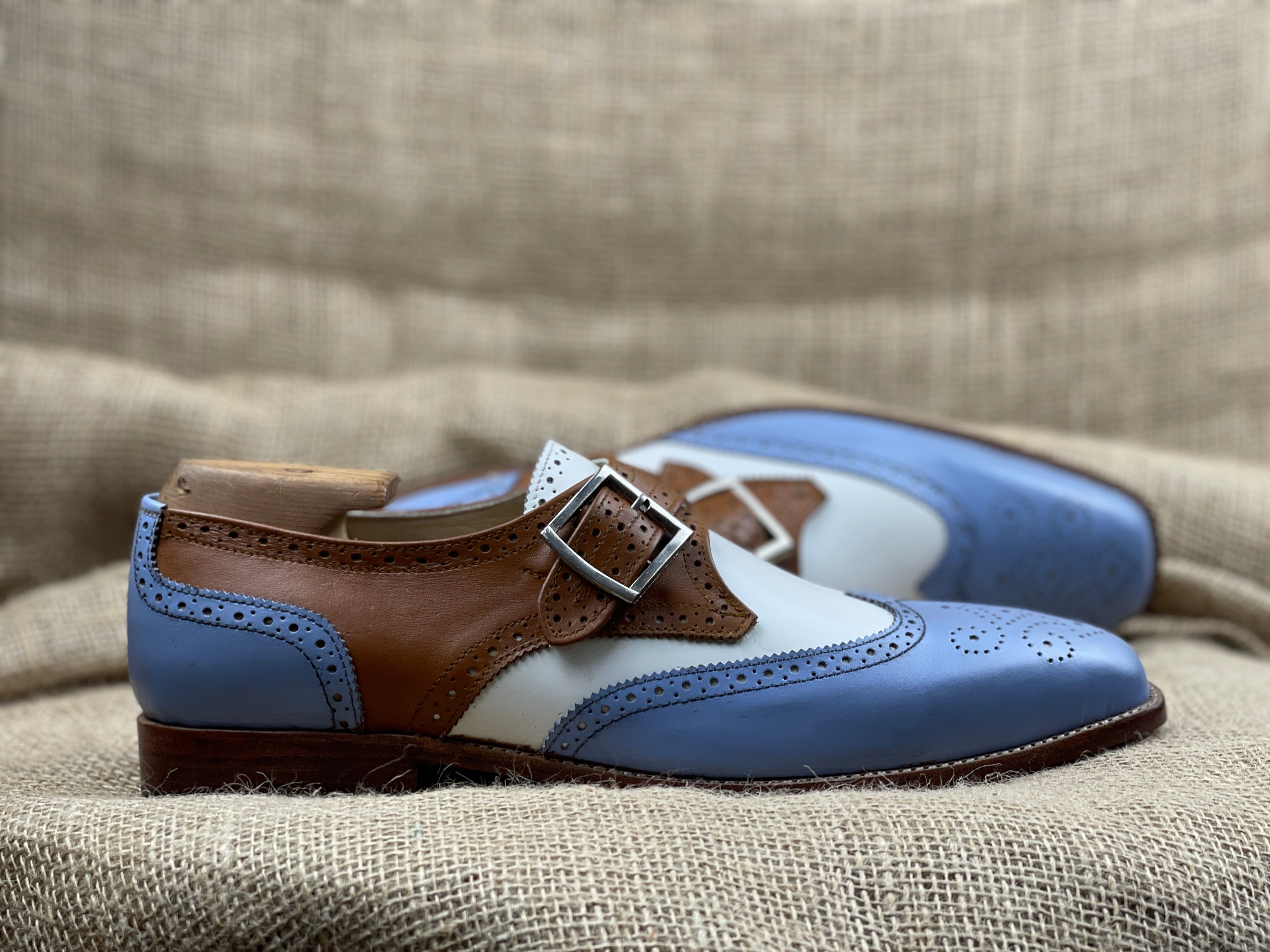 Handmade Men Three Tone Wing Tip Brogue Shoes, Designer Formal Shoes