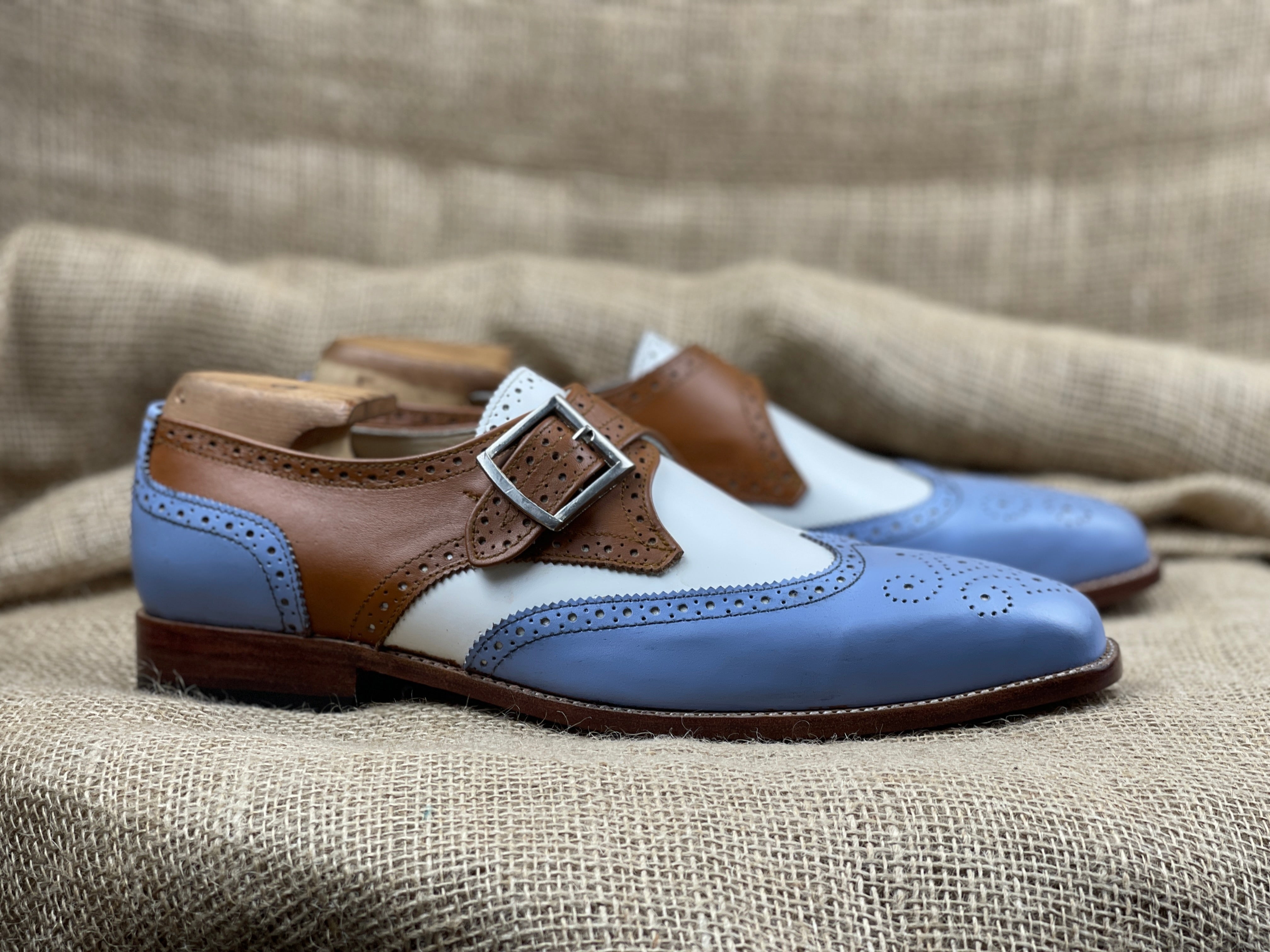 Handmade Men Three Tone Wing Tip Brogue Shoes, Designer Formal Shoes