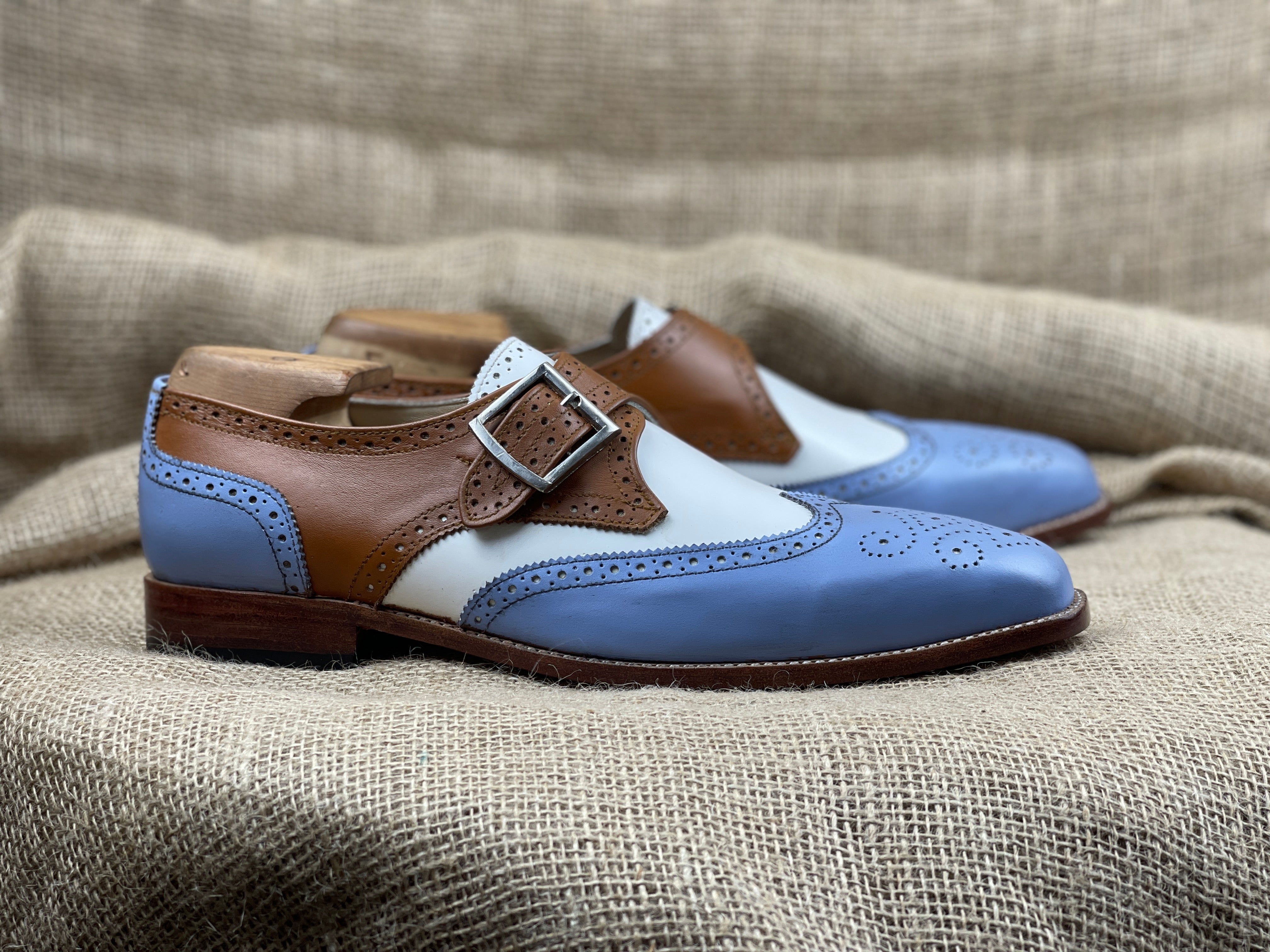 Handmade Men Three Tone Wing Tip Brogue Shoes, Designer Formal Shoes