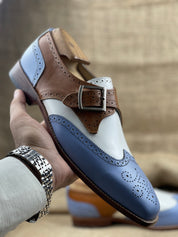 Handmade Men Three Tone Wing Tip Brogue Shoes, Designer Formal Shoes