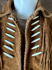 Men's Handmade Brown Suede Western Jacket with Fringes and Beadwork