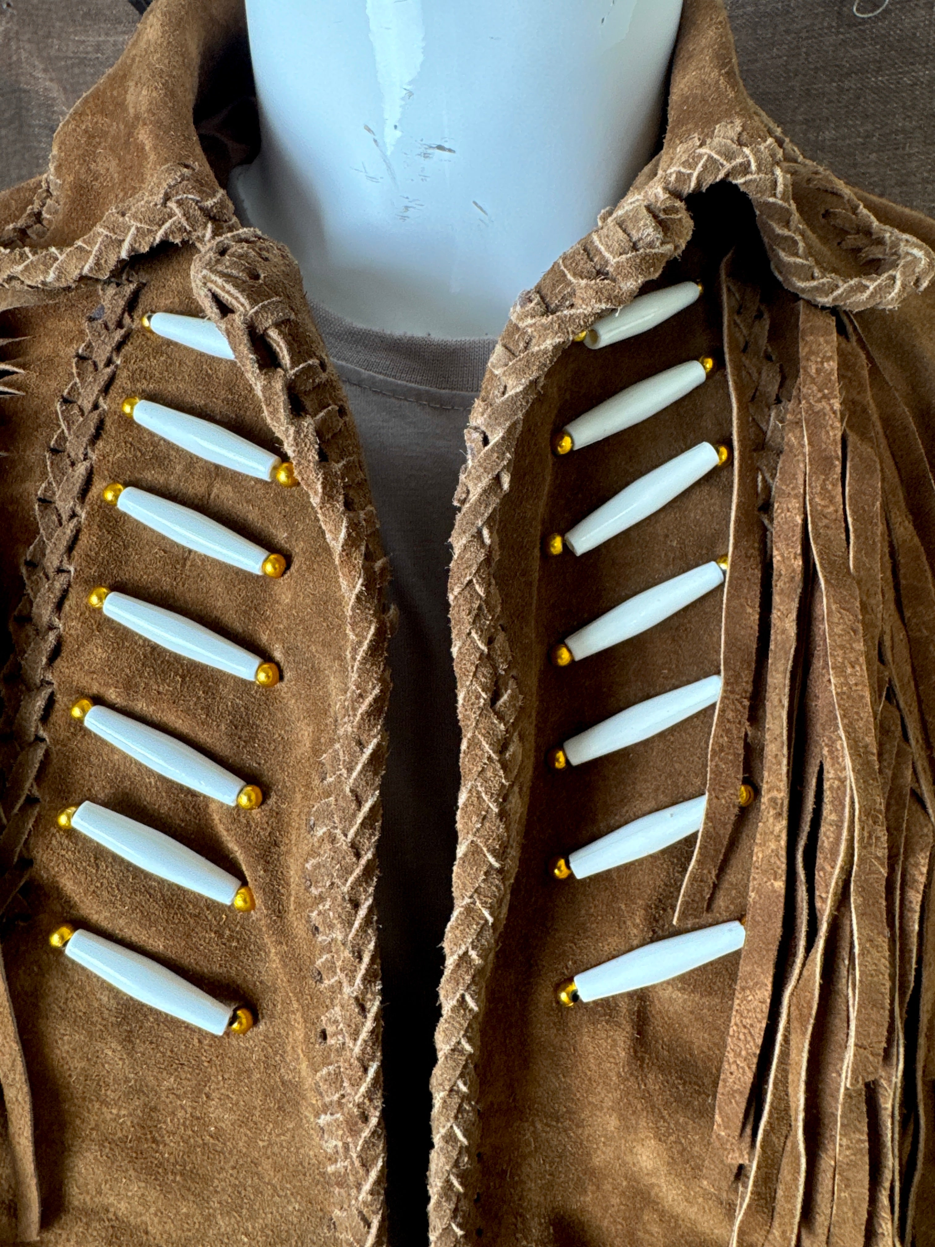 Men's Handmade Brown Suede Western Jacket with Fringes and Beadwork