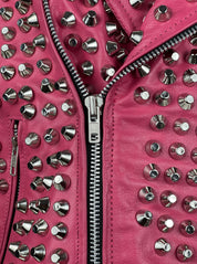 Women's Handmade Gothic Pink Studded Leather Jacket