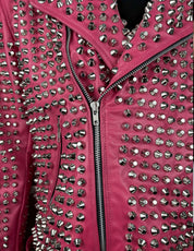 Women's Handmade Gothic Pink Studded Leather Jacket