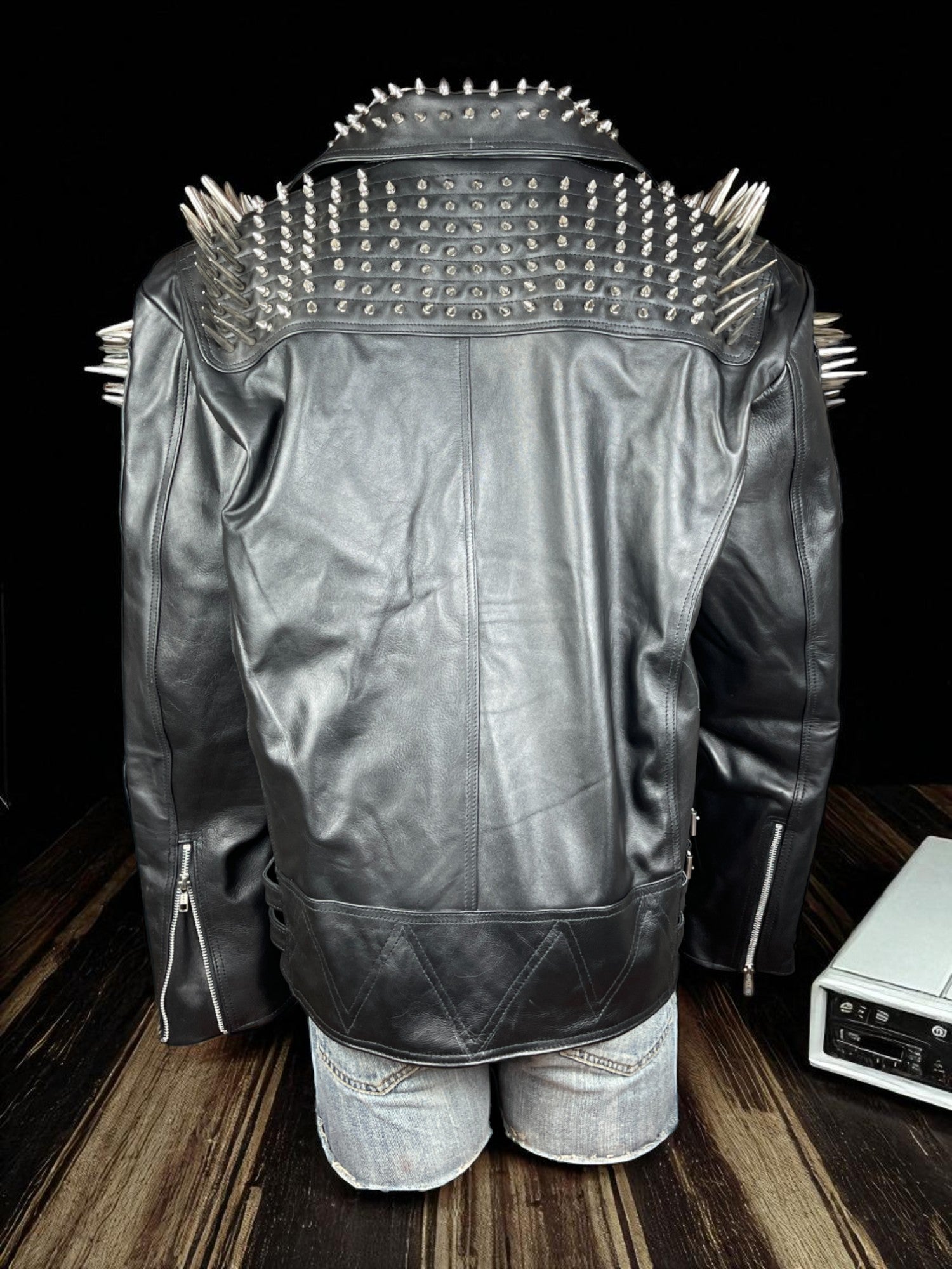 Punk Men Black Multi Studded With Long Spike Style Biker Jacket