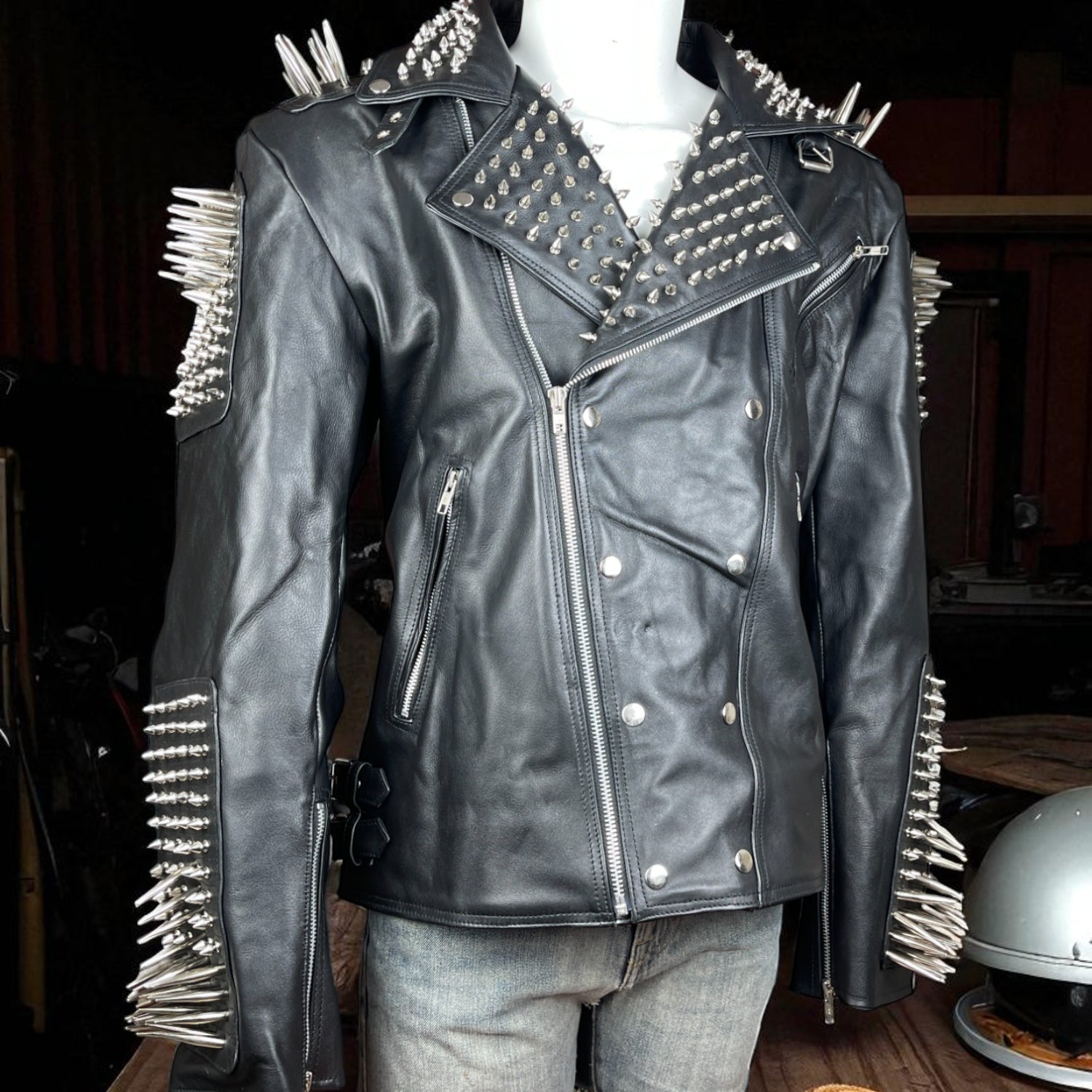Handmade Punk Men Black Multi Studded With Long Spike Style Biker