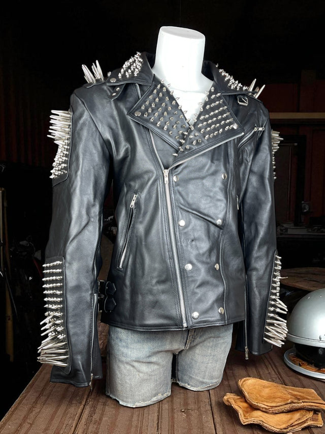 Men Black Multi Studded With Long Spike Rocker Punk Style Biker Jacket
