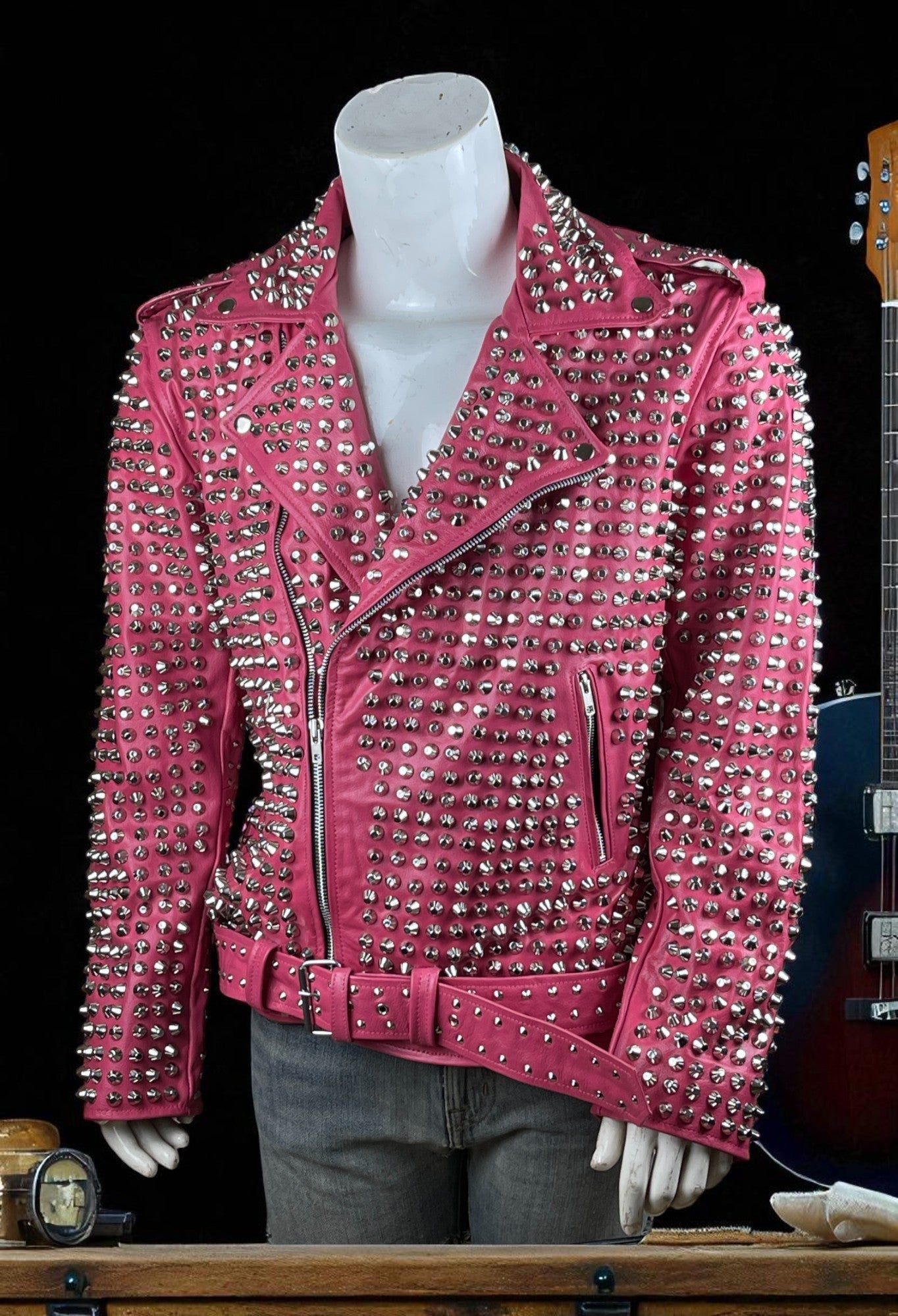 Women's Handmade Gothic Pink Studded Leather Jacket