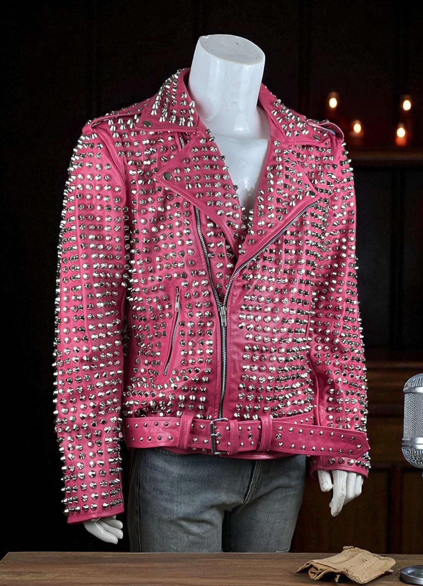 Women's Handmade Gothic Pink Studded Leather Jacket