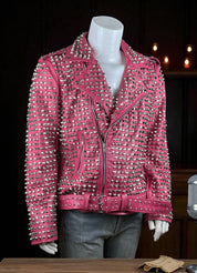 Women's Handmade Gothic Pink Studded Leather Jacket