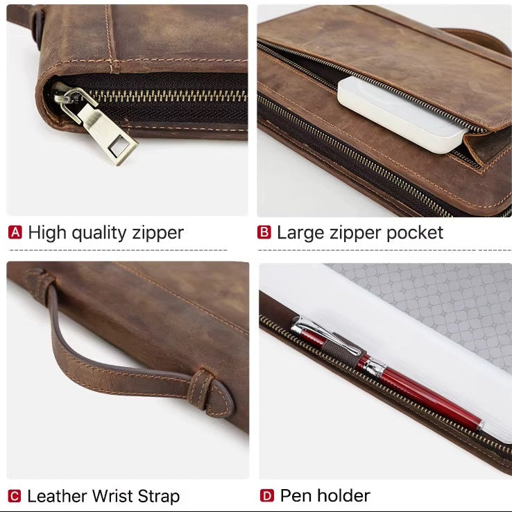 Leather Book Cover with Handle & Pockets