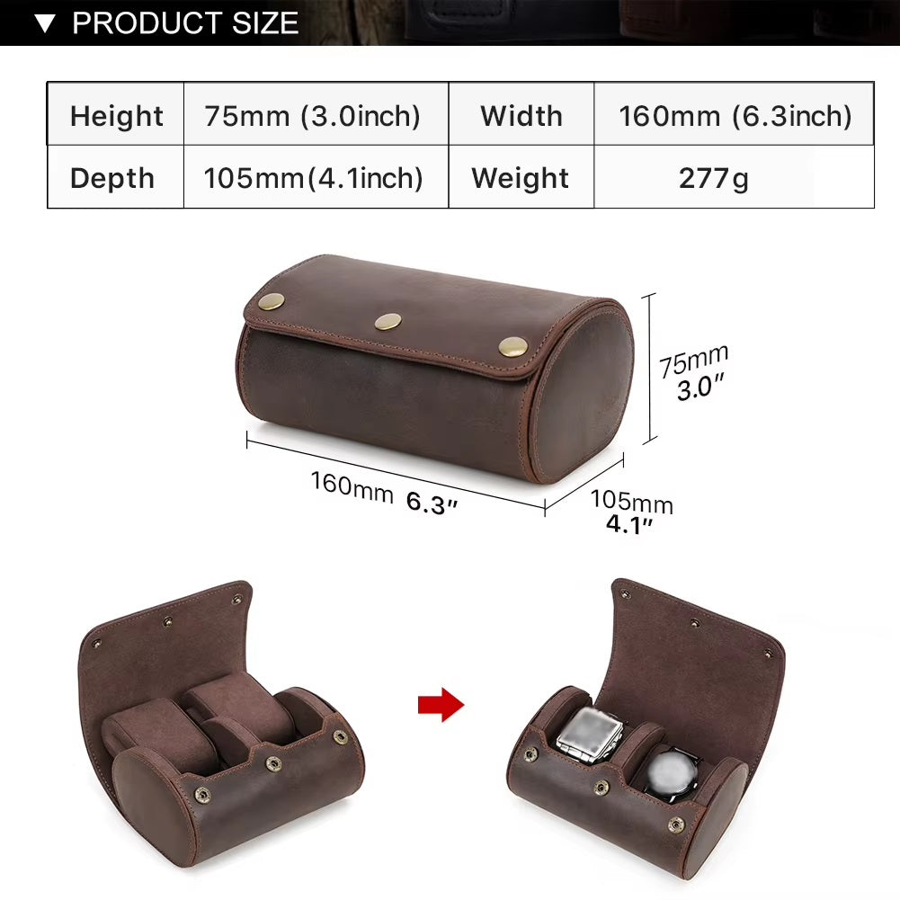 Real Leather 2 Slots Portable Watch Roll Travel Case