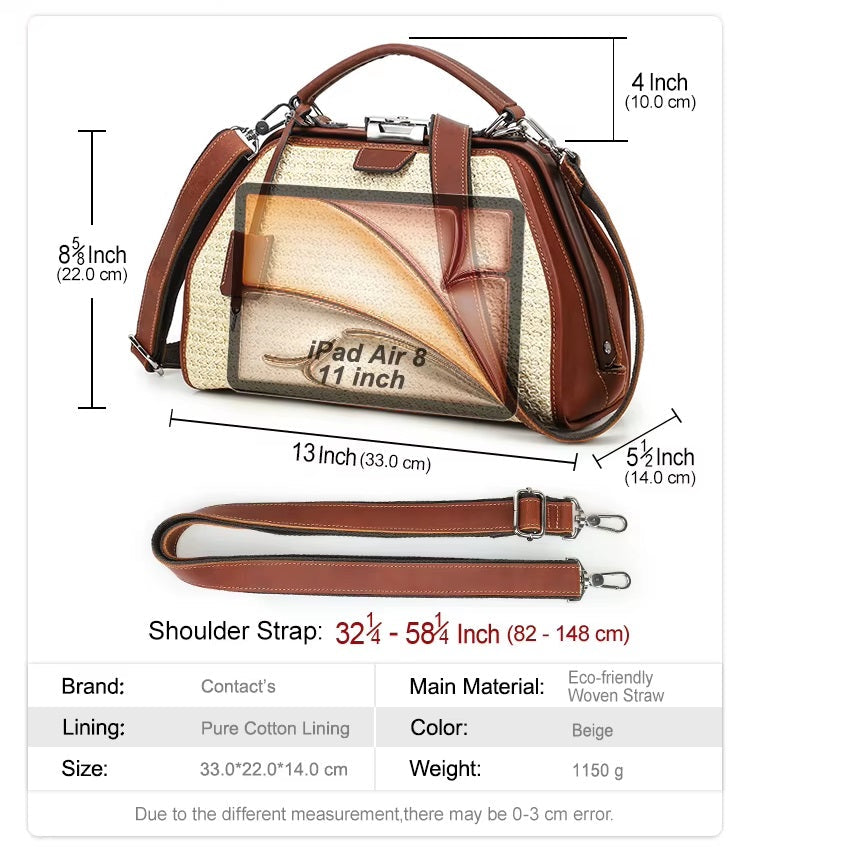Women's Beige Woven Cognac Leather Trim Satchel Crossbody Bag