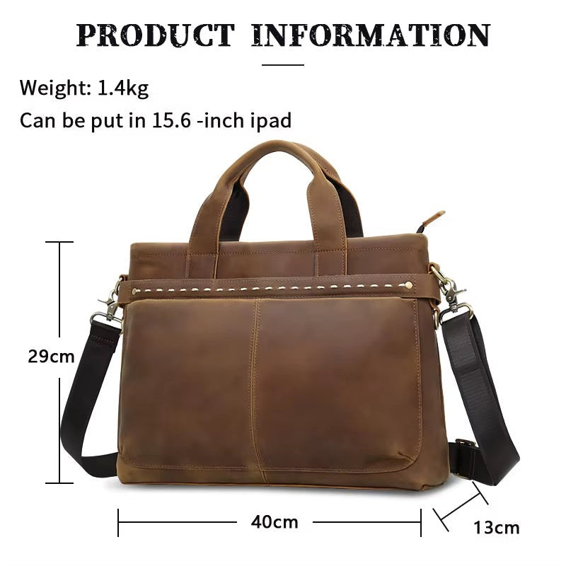 Handmade Business Classic Zipper Genuine Leather Unisex Laptop Briefcase