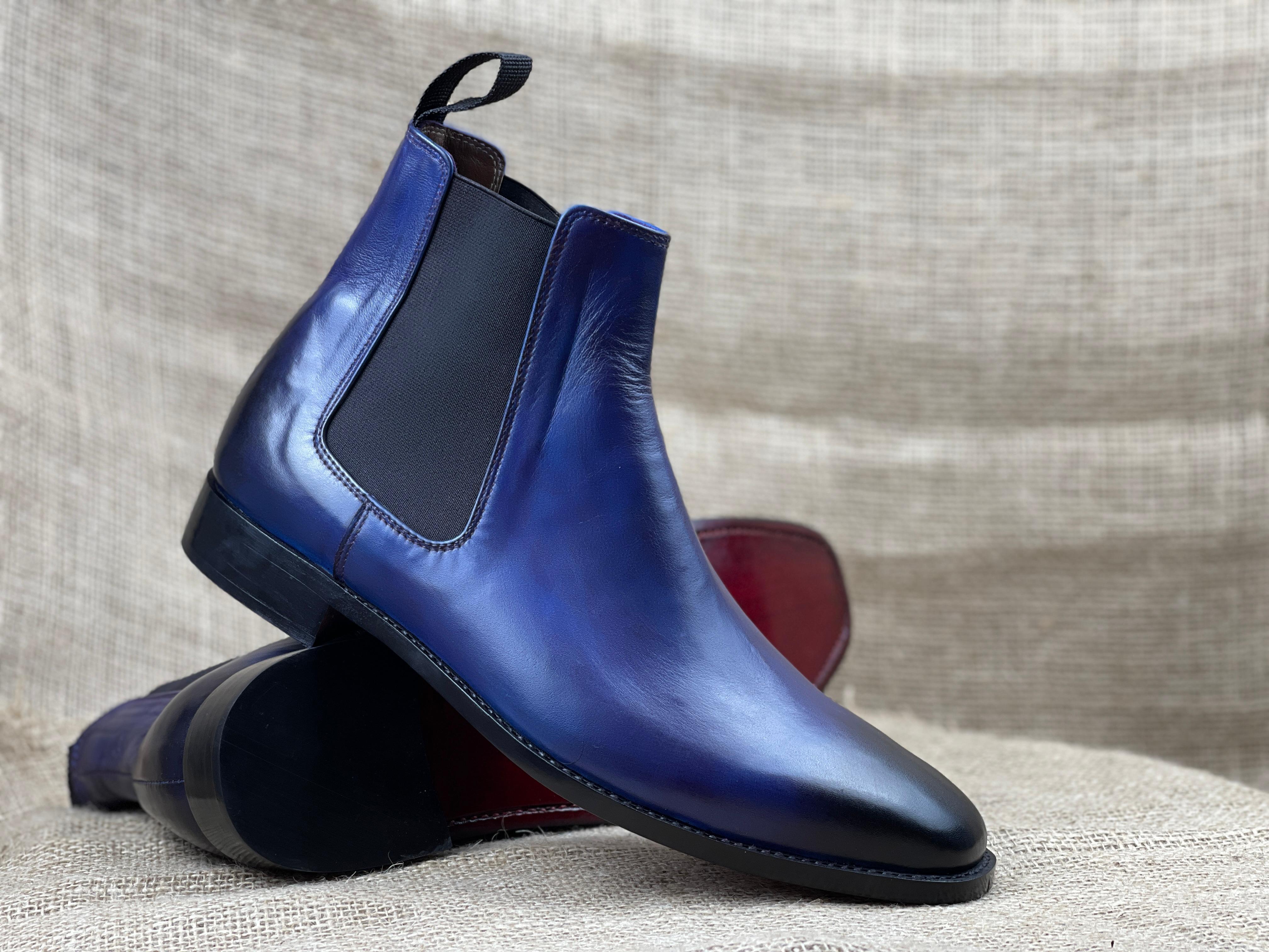 Men's Navy Blue Handmade Ankle Chelsea Boots