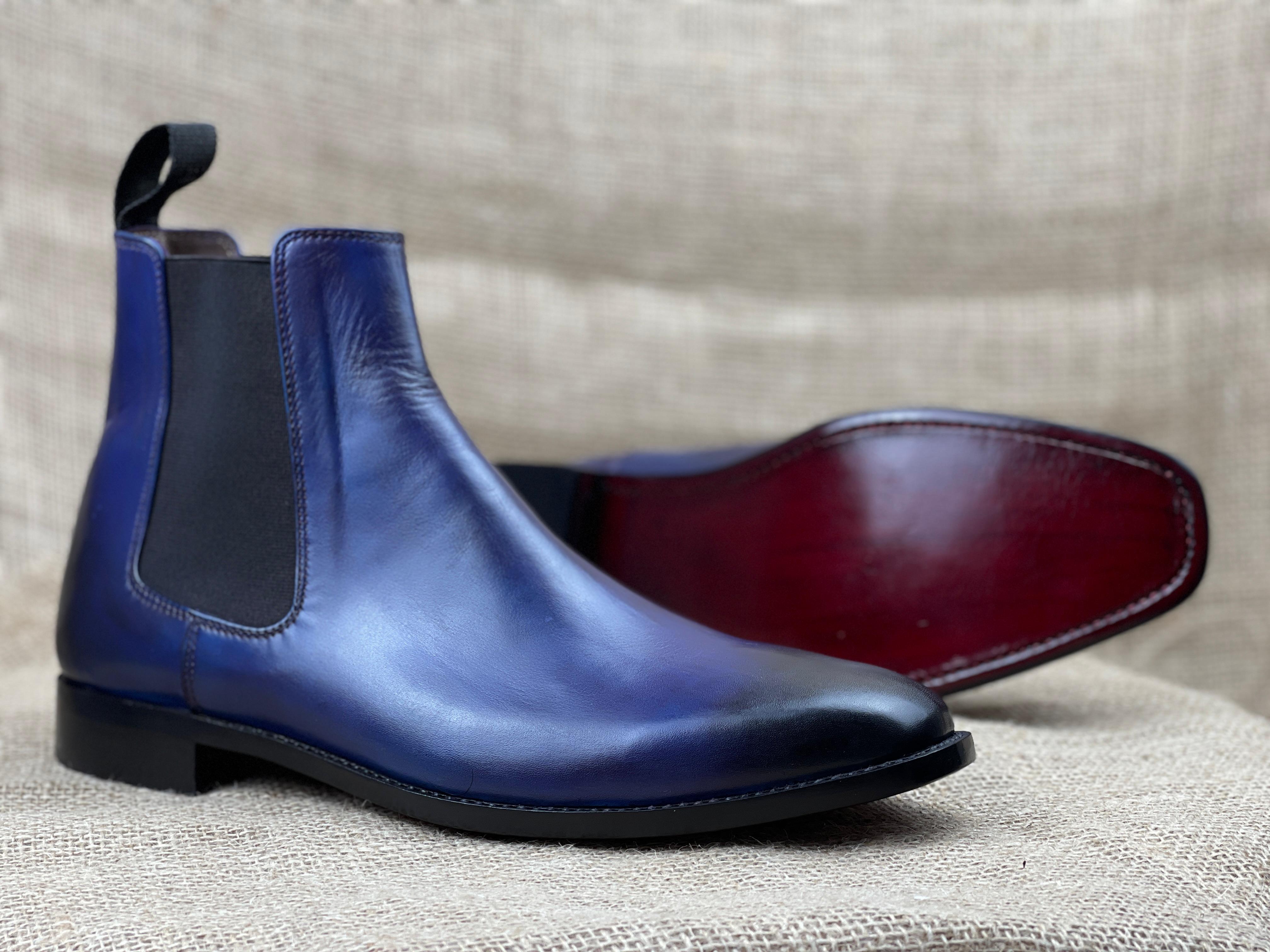Men's Navy Blue Handmade Ankle Chelsea Boots