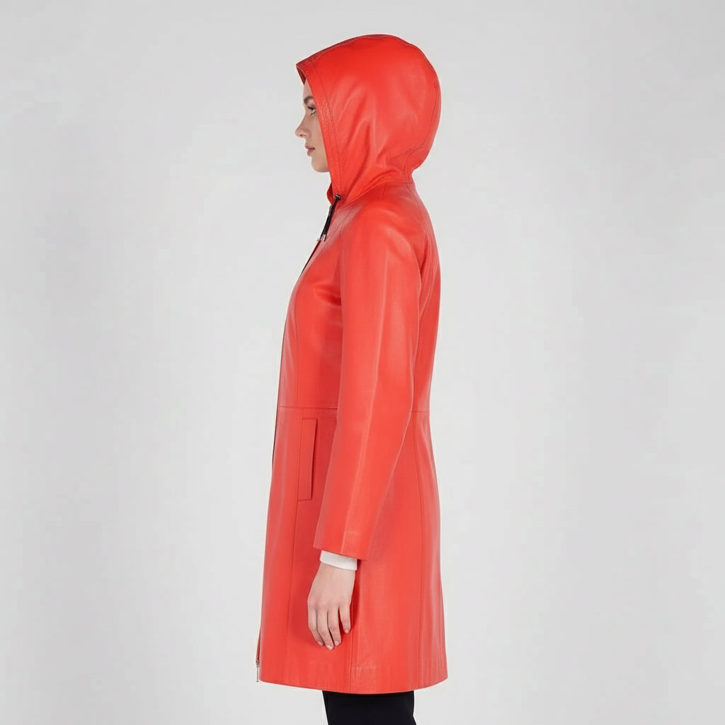 Women's Handmade Hooded A-line Leather Coat