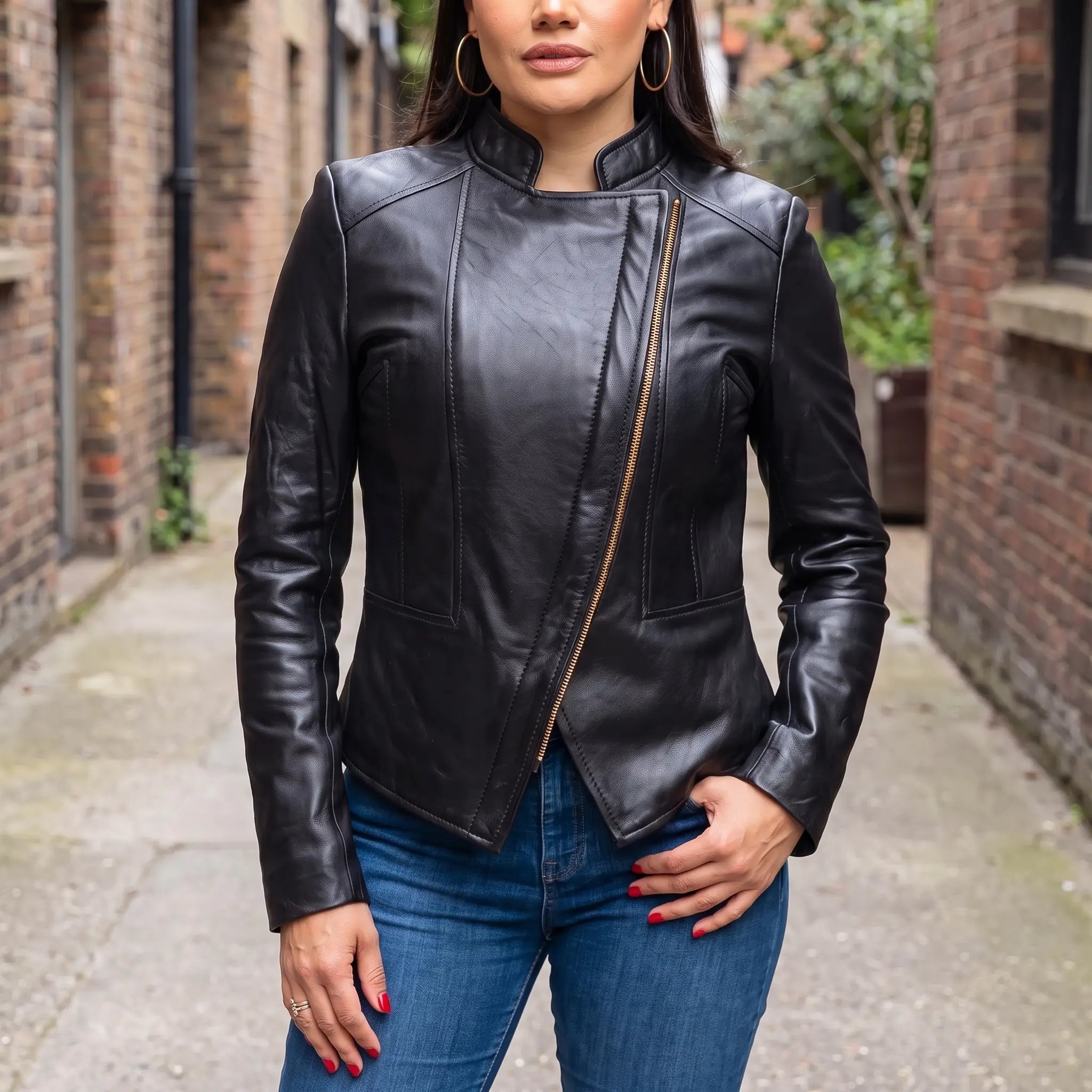 Women's Black Leather Biker Jacket — Shelley