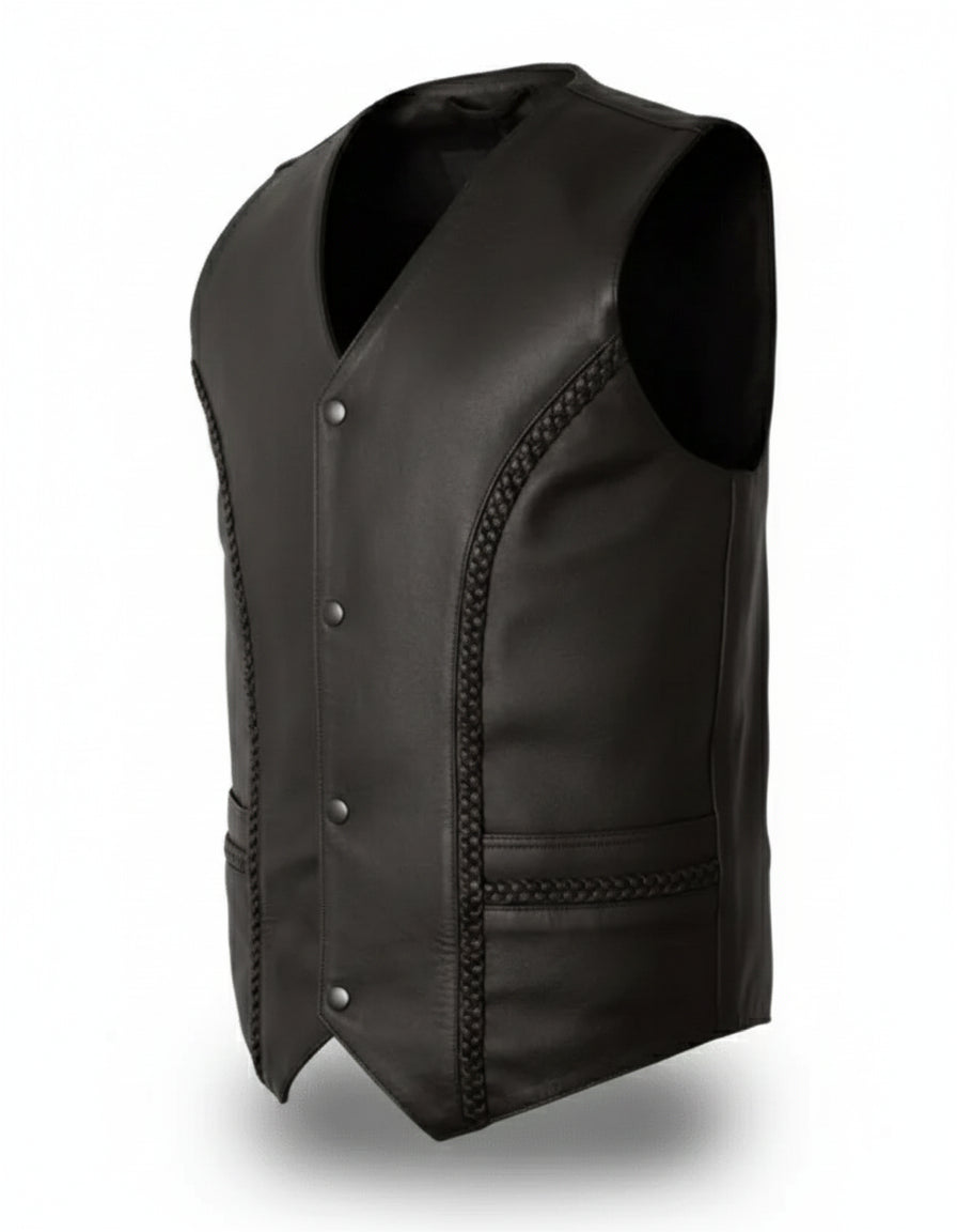 Men Black Leather Vest, Mens Fashion Rock Punk Leather V Neck Vest