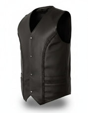 Men Black Leather Vest, Mens Fashion Rock Punk Leather V Neck Vest