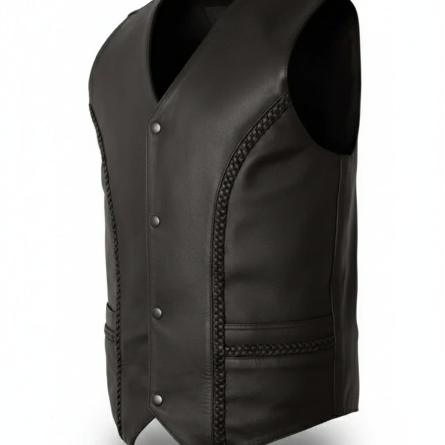 Men Black Leather Vest, Mens Fashion Rock Punk Leather V Neck Vest