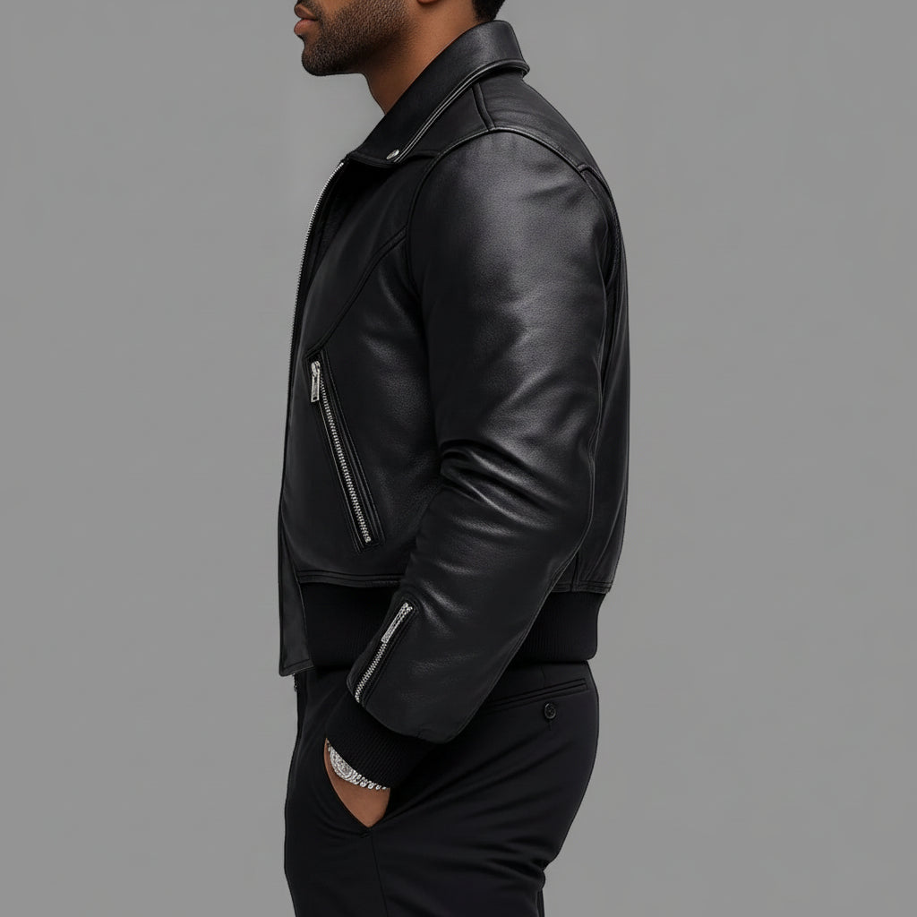 Men's Black Leather Moto Bomber Jacket