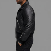 Men's Black Leather Moto Bomber Jacket