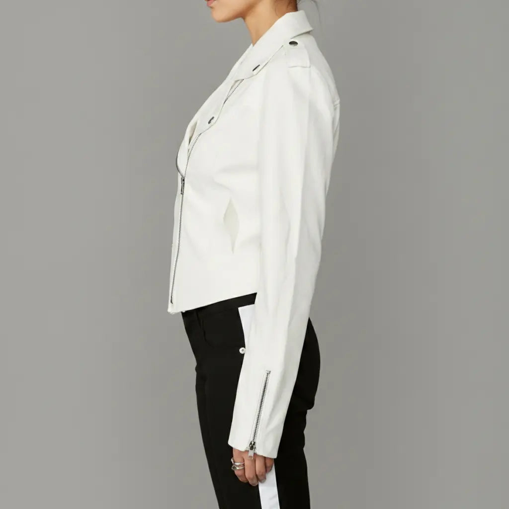 Women's White Faux Leather Biker Jacket — Abberdale