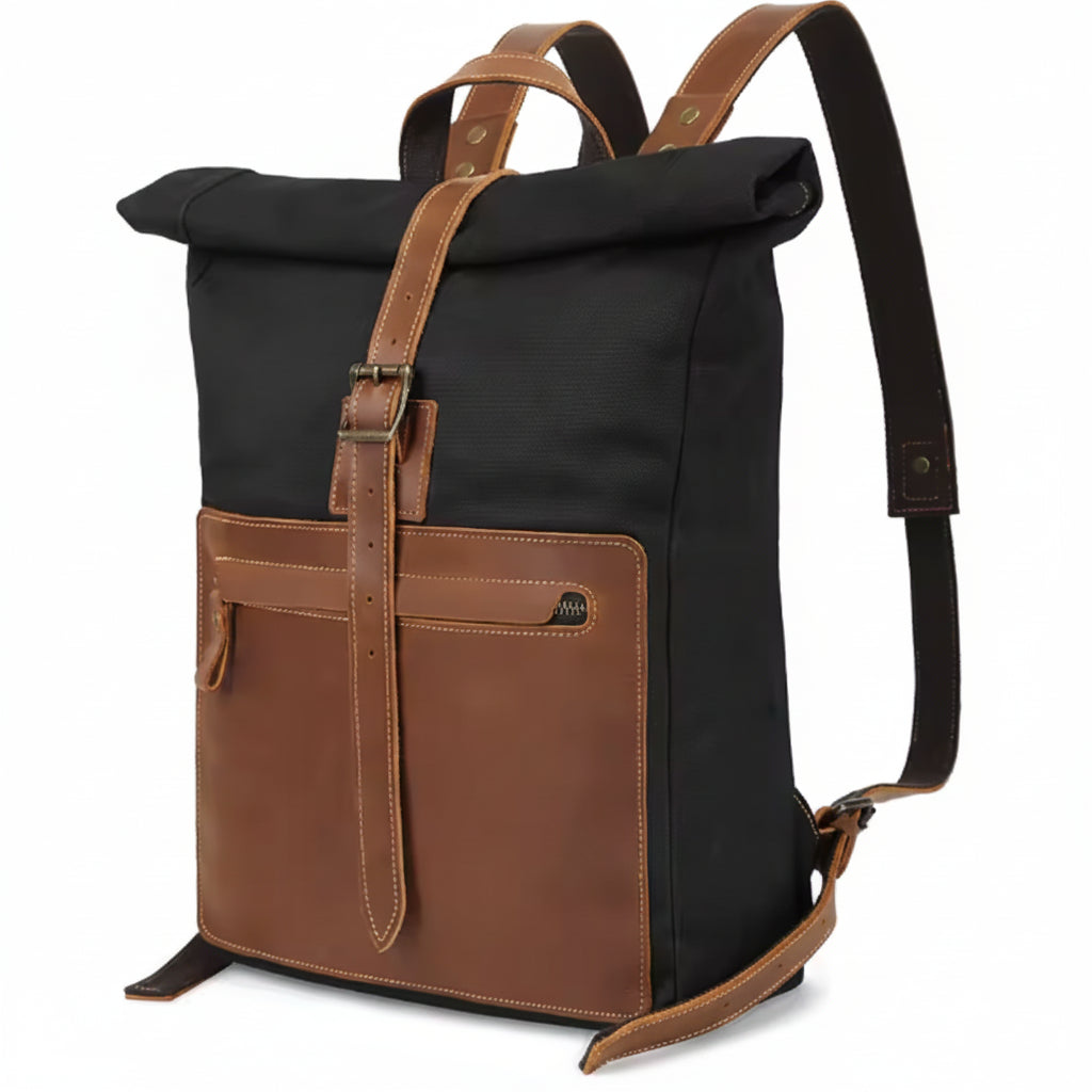 Black and Brown Leather-Accented Canvas Backpack