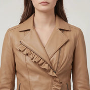 Women's Tan Frill Detail Leather Biker Jacket — Alcester