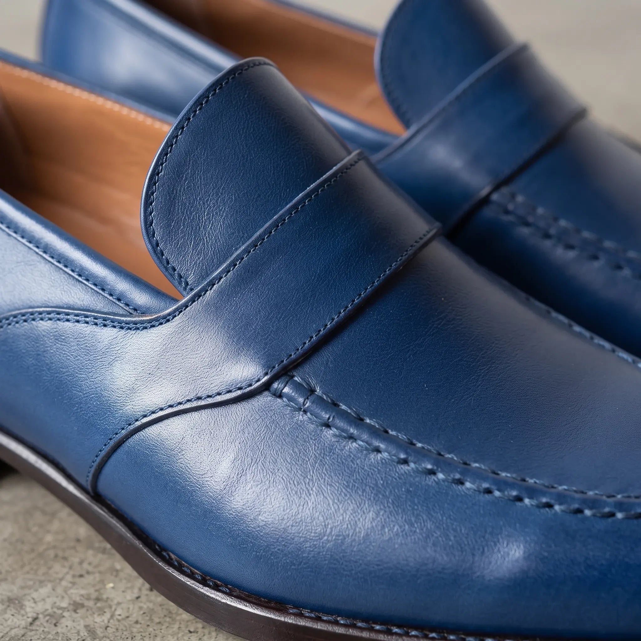 Men's Blue Apron-Toe Leather Penny Loafers — Seagrave