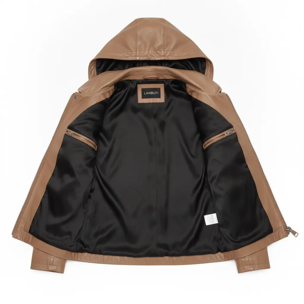 Women's Tan Asymmetrical Zip Leather Biker Jacket — Baunton