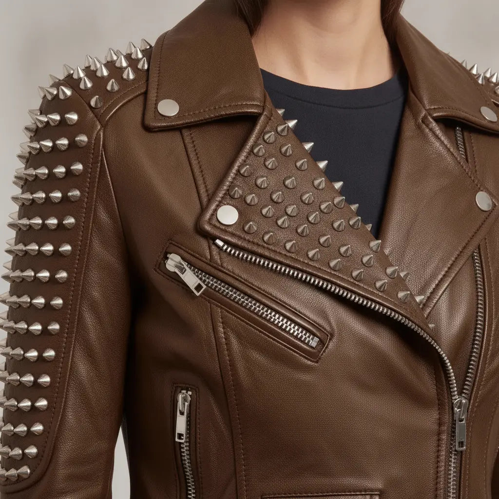 Women's Brown Studded Leather Biker Jacket — Mirfield