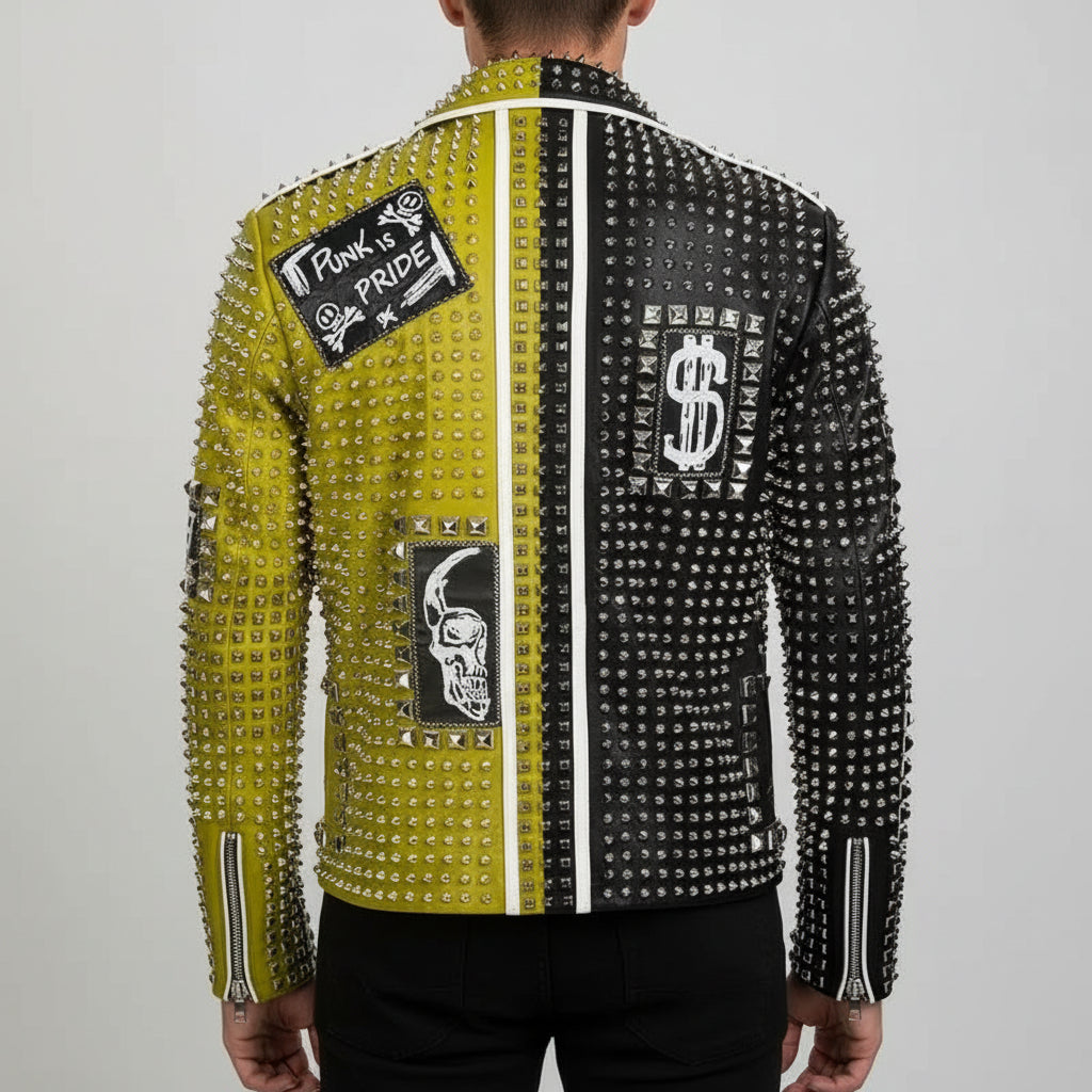 Handmade Mens Brando Studded Spikes Punk Rock Motorcycle Multicolor Leather Jacket