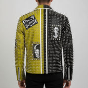 Handmade Mens Brando Studded Spikes Punk Rock Motorcycle Multicolor Leather Jacket