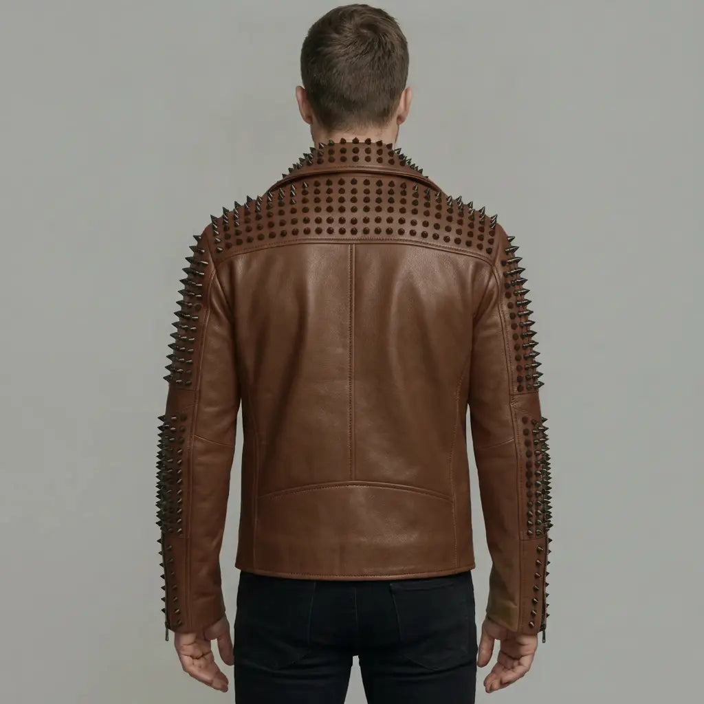 Men's Brown Studded Leather Biker Jacket — Carroll
