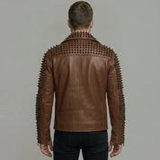 Men's Brown Studded Leather Biker Jacket — Carroll