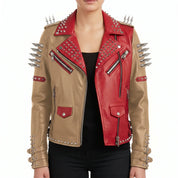 Women's Tan and Red Asymmetric Zip Leather Perfecto Biker Jacket — Angus