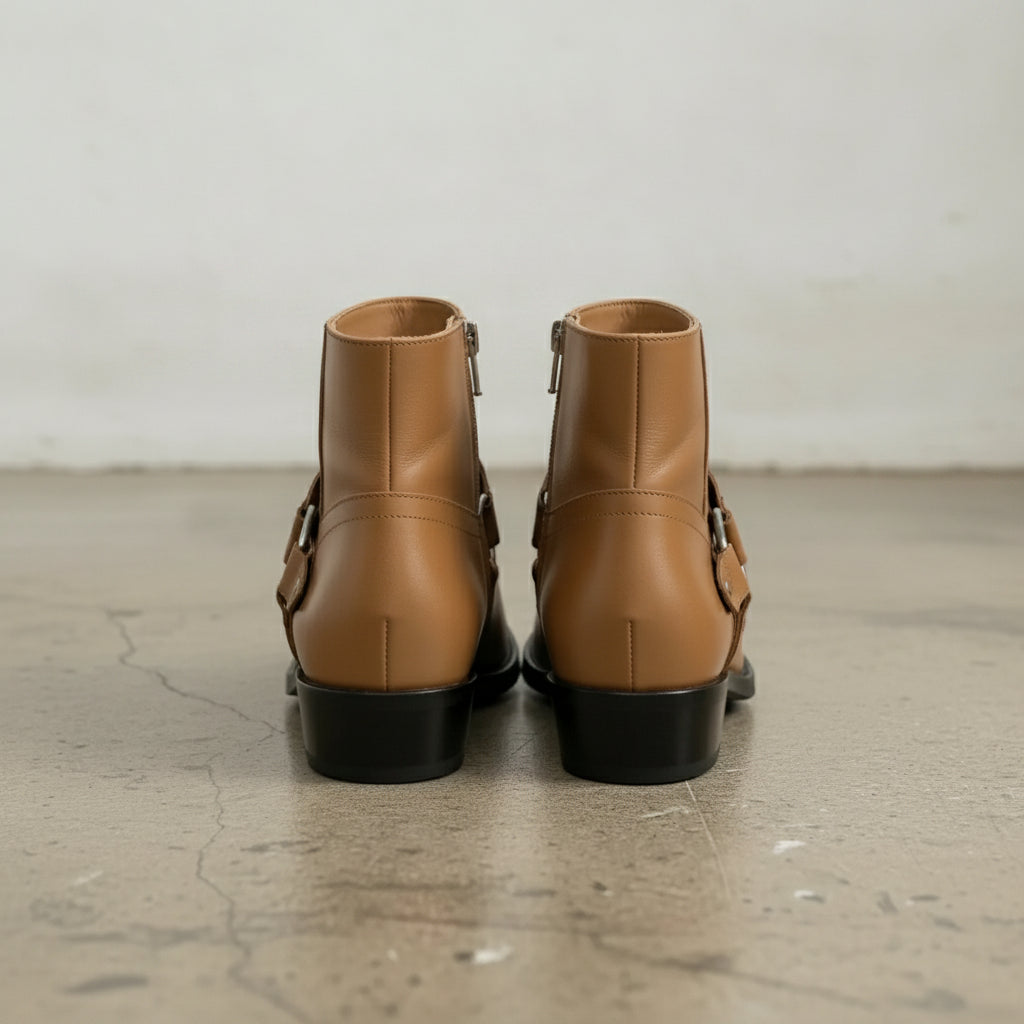 Men's Tan Plain-Toe Leather Ankle Biker Boots