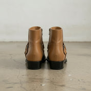Men's Tan Plain-Toe Leather Ankle Biker Boots