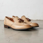 Men's Beige Wingtip Leather Tassel Loafers — Bovey
