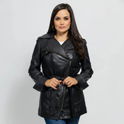 Gothic Dyed Leather Black Women's Long Jacket, Edgy Long Leather Jacket for Women in Black