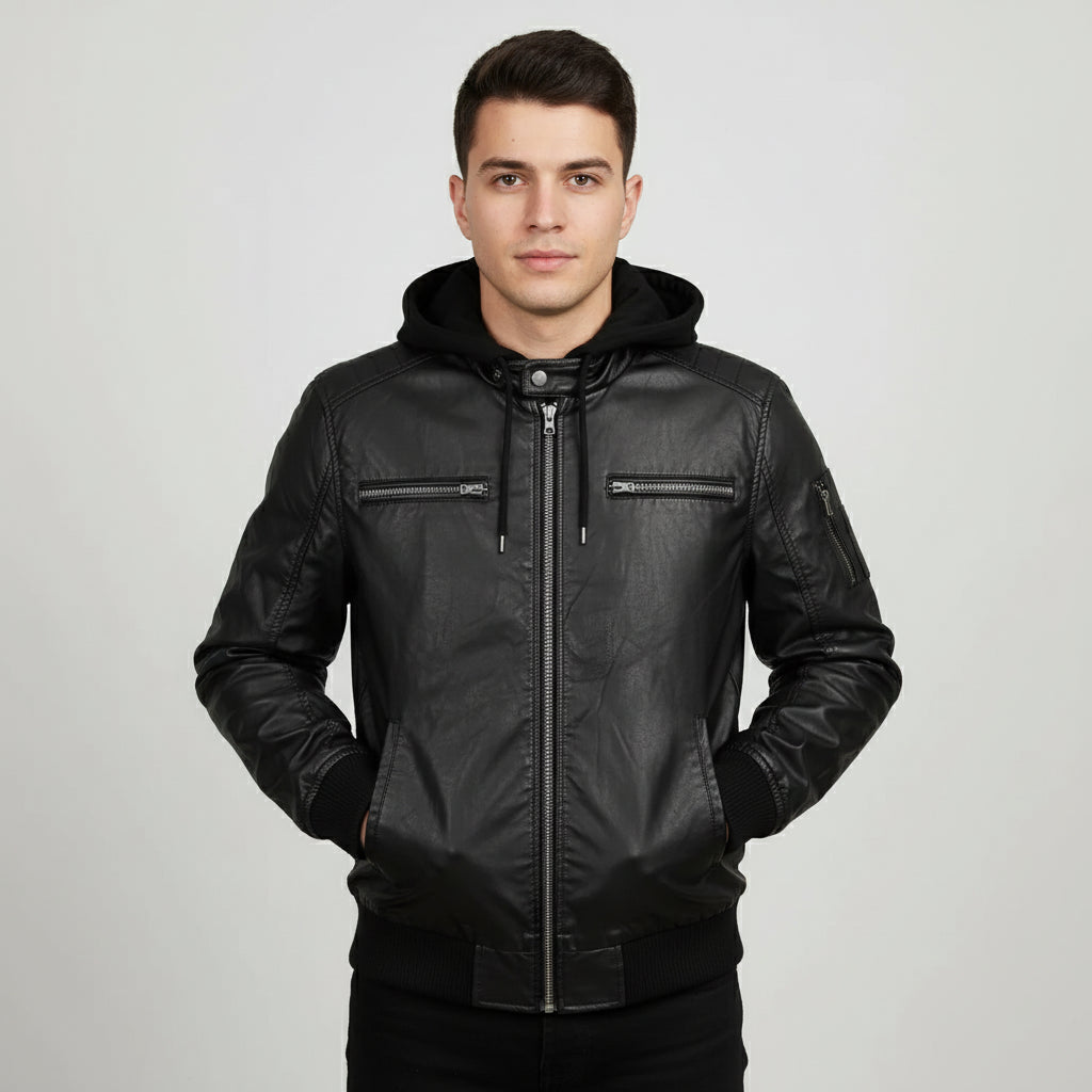 Men's Black Fabric Hooded Leather Bomber Jacket
