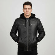 Men's Black Fabric Hooded Leather Bomber Jacket