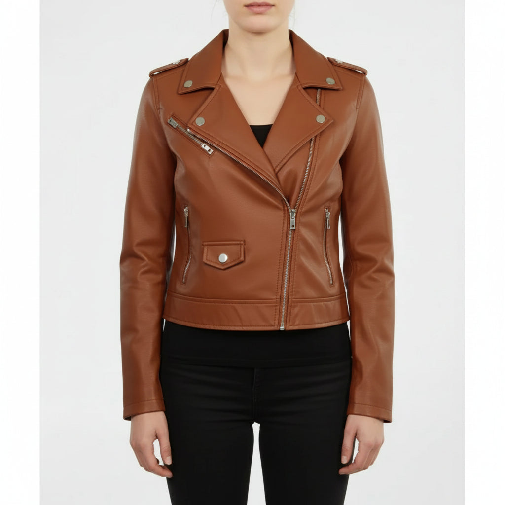 Women’s Brown Leather Biker Jacket, Handmade Moto Style