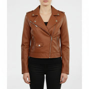 Women’s Brown Leather Biker Jacket, Handmade Moto Style