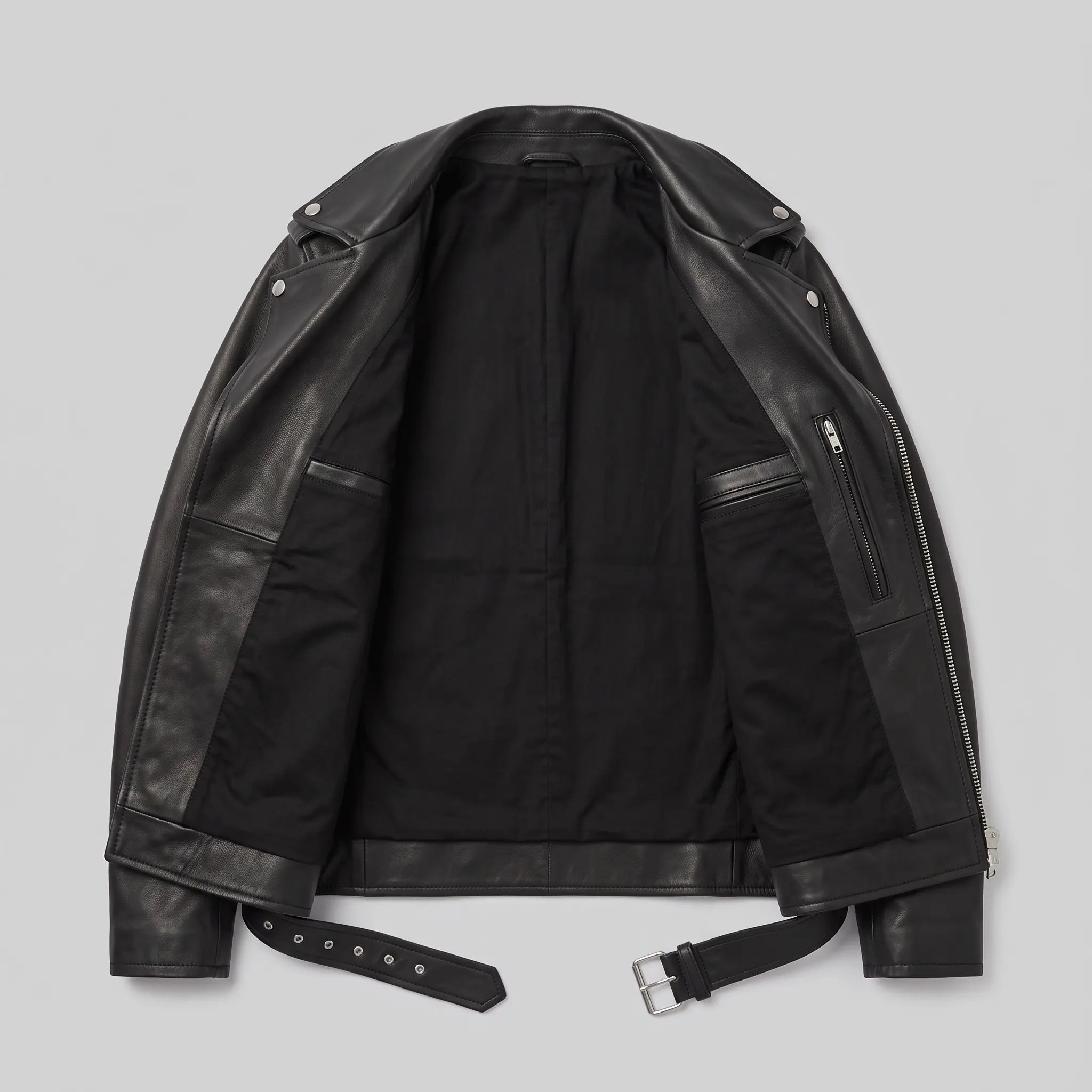 Men's Black Belted Leather Biker Jacket — Avening
